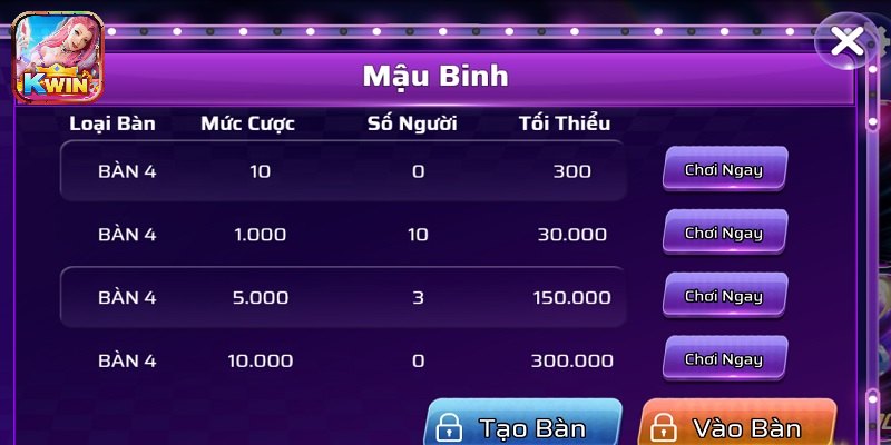 Các bước chơi bài Mậu Binh tại Kwin