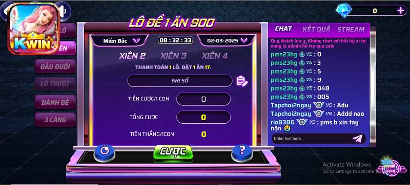 Lô xiên tại Kwin cho tỷ lệ trả thưởng gấp 17 lần cược